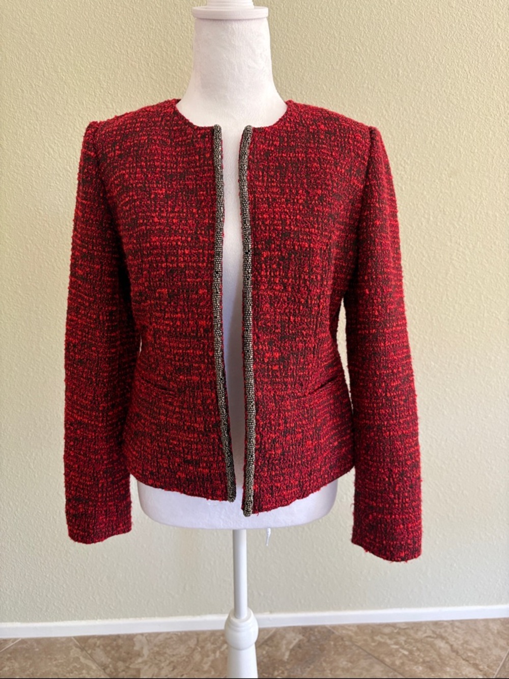 Chico's Red Tweed Collarless Open-Front Jacket